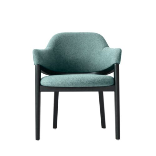 teal blue visitor chair with sturdy black frame