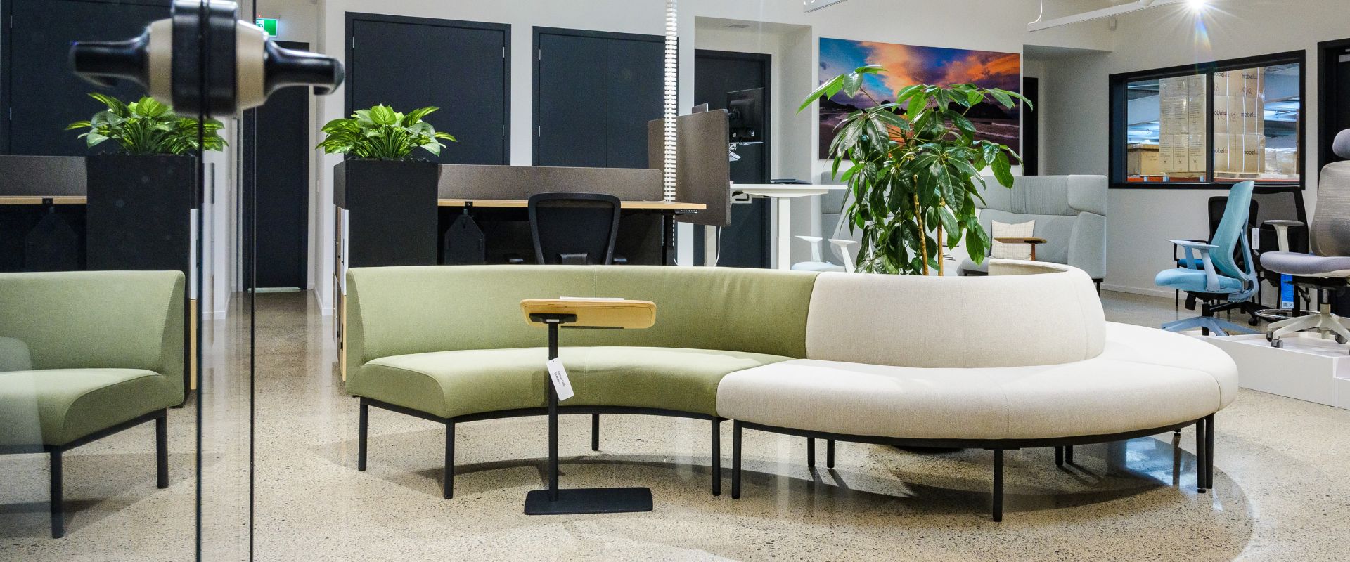modern office with circular seating for collaboration